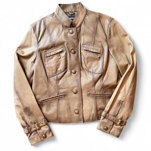 Charles Klein Genuine Leather Jacket Taupe Brown Utility Moto Women’s 20” Chest